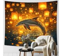Tapiz decorativo para pared con diseño de delfines y farolillos, naranja y amarillo, bohemio mágico océano, tapiz decorativo para dormitorio, sala de estar, festival, decoración del hogar, 152 x 101