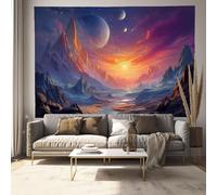 Tapiz Del Dormitorio Montañas Fantasía Al Atardecer Vía Láctea Planetas Suave Ligero Para Interiores Exteriores Naranja-Azul Colgante De Pared Arte De Pared Manta De Playa Paños De Picnic 150X100Cm