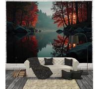 Tapiz Del Dormitorio Paisaje De Lago Con Bosque De Arce Plantas Naturales Suave Ligero Para Interiores Exteriores Negro Colgante De Pared Arte De Pared Manta De Playa Paños De Picnic 100X75Cm