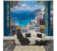 Tapiz Del Dormitorio Pintura Al Óleo Ciudad Mediterránea Paisaje Natural Suave Ligero Para Interiores Exteriores Azul Verdoso Colgante De Pared Arte De Pared Manta De Playa Paños De Picnic 200X150Cm