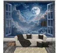 Tapiz Del Dormitorio Vista Ventana Luna Llena Nubes Misteriosas Estrellado Suave Ligero Para Interiores Exteriores Azul Colgante De Pared Arte De Pared Manta De Playa Paños De Picnic 230X180Cm