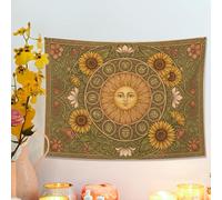 Tapiz del zodiaco de girasol, colgante de pared bohemio verde y amarillo, decoración estética de temporada para sala de estar, dormitorio, 48 x 36 pulgadas