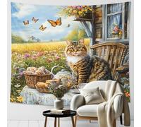 Tapiz dorado de gatos de verano, colorido diseño floral de mariposas, decoración estética bohemia para sala de estar, dormitorio, celebraciones festivas, 60 x 40 pulgadas