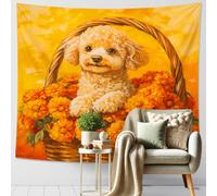 Tapiz floral amarillo y naranja, bonito cachorro en cesta decorativo para colgar en la pared, estética de temporada de primavera para dormitorio, sala de estar, decoración acogedora del hogar, 152 x