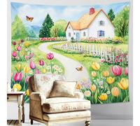 Tapiz floral con diseño de jardín de primavera, mariposas y flores coloridas para colgar en la pared, decoración estética para dormitorio, sala de estar, fiesta, estilo bohemio, tapiz natural 203 x