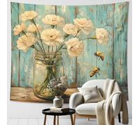 Tapiz floral de abejas, claveles blancos crema para colgar en la pared, decoración de temporada de primavera para sala de estar, dormitorio, estética bohemia, detalles del hogar, 101 x 152 cm