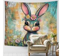 Tapiz floral de conejo, colorido arte para colgar en la pared, bonito diseño de conejo para dormitorio, sala de estar, decoración acogedora del hogar, 152 x 101 cm