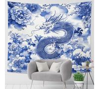 Tapiz floral de dragón azul, colgante de pared decorativo oriental, arte estético para dormitorio, sala de estar, dormitorio, decoración acogedora del hogar, 101 x 152 cm