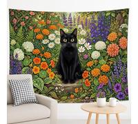 Tapiz floral de gato, colgante de pared naranja violeta, verde vibrante, decoración estética de primavera para sala de estar, dormitorio, ambiente acogedor, 229 x 178 cm