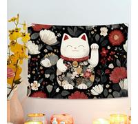 Tapiz floral de gato, flores rojas y blancas bohemias para colgar en la pared, dije estético de la suerte para dormitorio, sala de estar, dormitorio, 40 x 30 pulgadas