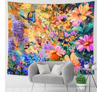Tapiz floral de jardín de mariposas, arte artístico bohemio vibrante de verano, decoración estética botánica para dormitorio, sala de estar, dormitorio, 50 x 60 pulgadas