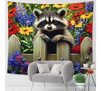 Tapiz floral de mapache, colorido colgante de pared de primavera, bonita decoración artística para dormitorio, sala de estar, dormitorio, detalles singulares del hogar, 101 x 152 cm