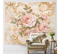 Tapiz floral de rosas de melocotón, vintage Shabby Chic para colgar en la pared, decoración romántica para dormitorio, sala de estar, dormitorio, decoración estética del hogar, 60 x 40 pulgadas