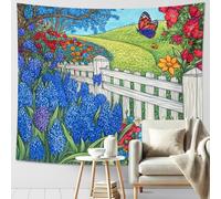 Tapiz floral vibrante, flores azules, colinas verdes, estética de verano para dormitorio, sala de estar, decoración de jardín, 152 x 127 cm