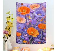 Tapiz floral violeta y naranja, flores de amapola bohemio decorativo para colgar en la pared, tapices vibrantes estéticos para sala de estar, dormitorio, decoración del hogar, 76 x 101 cm