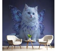 Tapiz Fotomurales Blanco Púrpura Gato Mariposa 300X210Cm Xxl Papel Pintado Decoración De Animales Fantásticos Pared Sala Cuarto Oficina Salón Decorativos De Comedores Murales
