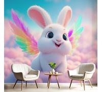 Tapiz Fotomurales Blanco Rosado Conejo De Las Nubes 350X260Cm Xxl Papel Pintado Decoración De Animales Fantásticos Pared Sala Cuarto Oficina Salón Decorativos De Comedores Murales