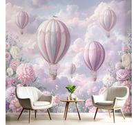 Tapiz Fotomurales Blanco Rosado Globo Aerostático De Flores 350X260Cm Xxl Papel Pintado Decoración De Plantas De Ensueño Pared Sala Cuarto Oficina Salón Decorativos De Comedores Murales