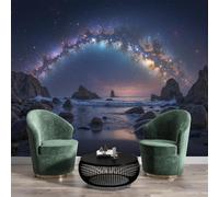 Tapiz Fotomurales Negro Playa Rocosa 400X280Cm Xxl Papel Pintado Decoración De Vía Láctea En El Cielo Nocturno Pared Sala Cuarto Oficina Salón Decorativos De Comedores Murales