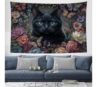 Tapiz Gato Negro Arbusto Mariposas 200x150 cm Tapiz de Pared Aesthetic Pintura Al Óleo Surrealista Decorativo de Pared Arte Mural para Sala de Estar, habitación, Dormitorio - Verde Oscuro