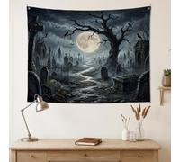 Tapiz gótico con escena de luna llena de cementerio para Halloween, 101,6 x | Ambiente gótico, colgante de pared de tela, paisaje de luna llena, imágenes espeluznantes del bosque