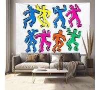Tapiz Grande Grafitis Personajes Divertidos, 150X130Cm Tapiz De Pared Arte Mural Hombrecito Bailarín Vivaz Decorativo Tapices Pared De Tela Para Sala De Estar, Habitación, Dormitorio, Blanco