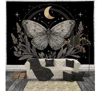 Tapiz Grande Mariposas Misteriosas Flores, 230X180Cm Tapiz De Pared Arte Mural Cielo Estrellado Tarot Decorativo Tapices Pared De Tela Para Sala De Estar, Habitación, Dormitorio, Blanco Negro