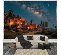 Tapiz Grande Paisaje De Pueblo Desértico, 230X180Cm Tapiz De Pared Arte Mural Vía Láctea De Fantasía Decorativo Tapices Pared De Tela Para Sala De Estar, Habitación, Dormitorio, Azul Profundo