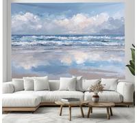 Tapiz Grande Playas Abstractas Olas Océano, 230X150Cm Tapiz De Pared Arte Mural Paisaje Pintura Óleo Decorativo Tapices Pared De Tela Para Sala De Estar, Habitación, Dormitorio, Azul Grisáceo