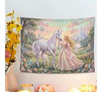 Tapiz mágico de caballo y princesa, colgante de pared floral pastel, decoración bohemia encantada para sala de estar, dormitorio, tapices mágicos, 48 x 36 pulgadas