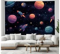 Tapiz Moderno De Pared Impresión Planetas Espaciales Elementos Cohete | Tela Poliéster Decoración Pared Para Tu Salón O Dormitorio Habitaciones | Azul Oscuro Estilo Dibujos Animados | 230 x 180 cm