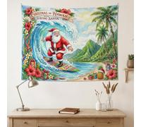 Tapiz navideño con cita navideña de Papá Noel y surf tropical, 101,6 x 76,2 | Flores tropicales de hibisco, tapiz para colgar en la pared, tema de surf, palmeras, ilustración de acuarela