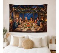 Tapiz navideño con escena de cena familiar de 152 x 101 cm | Cabaña rústica, colgante de pared de tela, horizonte de noche estrellada, imágenes de fiesta navideña