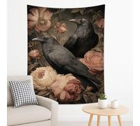 Tapiz negro con diseño de cuervos y rosas, floral, vintage, decorativo, para colgar en la pared, tapices góticos estéticos para dormitorio, sala de estar, decoración del hogar, 152 x 203 cm