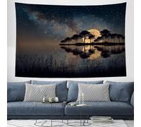 Tapiz para Colgar Cielo Nocturno De La Isla Tapices Decorativo Reflexiones Del Lago Estético de Tela Decoración de Pared para Sala de Estar, Colcha, habitación, Dormitorio 150x130 cm -, Gris Azul