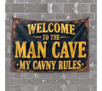 Tapiz para decoración estética de habitación con texto en inglés "Man Cave Bar Welcome To The Man Cave: My Cavern Rules" (100 x 150 cm)