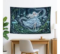 Tapiz verde azul con hadas y bosque, colgante de pared de naturaleza mística para sala de estar, dormitorio, decoración estética bohemia de 60 x 40 pulgadas