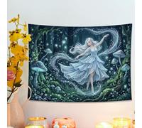 Tapiz verde azul con hadas y bosque, colgante de pared de naturaleza mística para sala de estar, dormitorio, decoración estética bohemia de 48 x 36 pulgadas