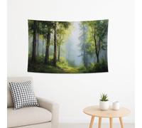 Tapiz verde bosque con niebla, árboles serenos para colgar en la pared, estético, respetuoso con el medio ambiente, para sala de estar, dormitorio, meditación, 152 x 101 cm