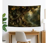 Tapiz verde bosque místico, árbol encantado y flores para colgar en la pared, estética bohemia para sala de estar, dormitorio, decoración rústica del hogar, 152 x 101 cm