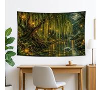 Tapiz verde de árboles y linternas, arte de pared de naturaleza serena para sala de estar, dormitorio, decoración decorativa bohemia para el hogar, 152 x 101 cm