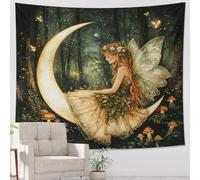 Tapiz verde de luna y hadas, colgante de pared de naturaleza mística, decoración estética elegante para dormitorio, sala de estar, dormitorio, elemento encantado para todas las estaciones, 152 x 203