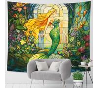 Tapiz verde de sirena y floral, colorido botánico decorativo para colgar en la pared, tapices encantadores estéticos para dormitorio, sala de estar, dormitorio, decoración acogedora del hogar, 101 x