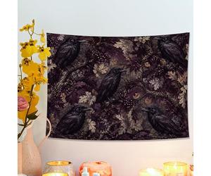Tapiz violeta oscuro con cuervo y hojas, para colgar en la pared, naturaleza gótica, tapices místicos estéticos para sala de estar, dormitorio, decoración de otoño, 101 x 76 cm