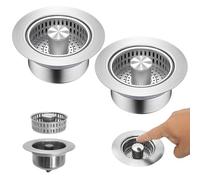 Tapón fregadero cocina de acero inoxidable 2 unidades, filtro 3 en 1 con cesta antirresiduos, tapón universal para desagüe 108mm, con función de retención de agua, bloqueo de olores y drenaje ráp