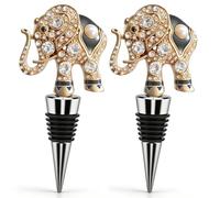 Tapón para botella de vino, cierre hermético, decorativo, cristal poligonal, perlas, elefante, animal, dorado, para botellas de vino y bebidas, juego de 2