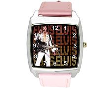 taport® Elvis Presley Vegas música Legend cuarzo cuadrado Dial de reloj rosa de piel banda + libre batería de repuesto + libre bolsa de regalo