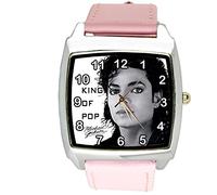 taport® Michael Jackson cuarzo cuadrado Dial de reloj rosa de piel banda E2 + libre batería de repuesto + libre bolsa de regalo