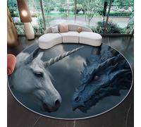 Tappeto Rotondo lavabile Gris Oscuro - Fantasía Unicornio Dragón Resistente interni Tappeti per Bambini Cameretta balcone Sala da pranzo terrazza, 60 x 60 cm Antiscivolo Tappetino