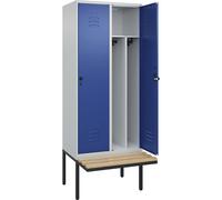 Taquilla con separación de ropa limpia/sucia Classic PLUS con banco, estrecha C+P, 2 secciones, pared separadora acortada en el centro